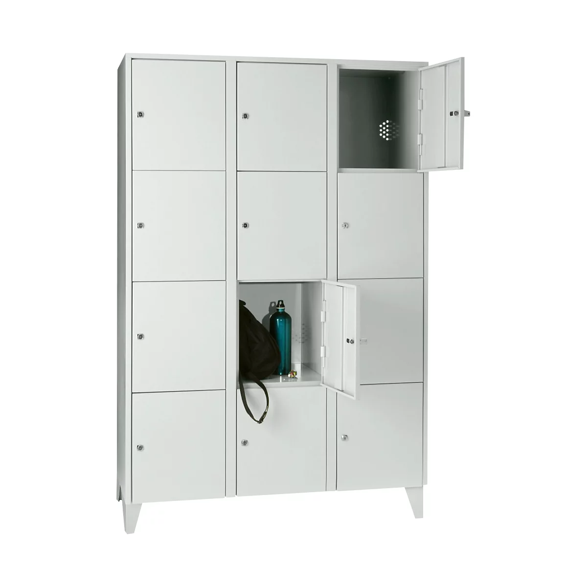 Armoire à casiers pour objets de valeur 400 mm, 3 compartiments, 12 casiers, serrure à cylindre de sécurité, pied, gris clair