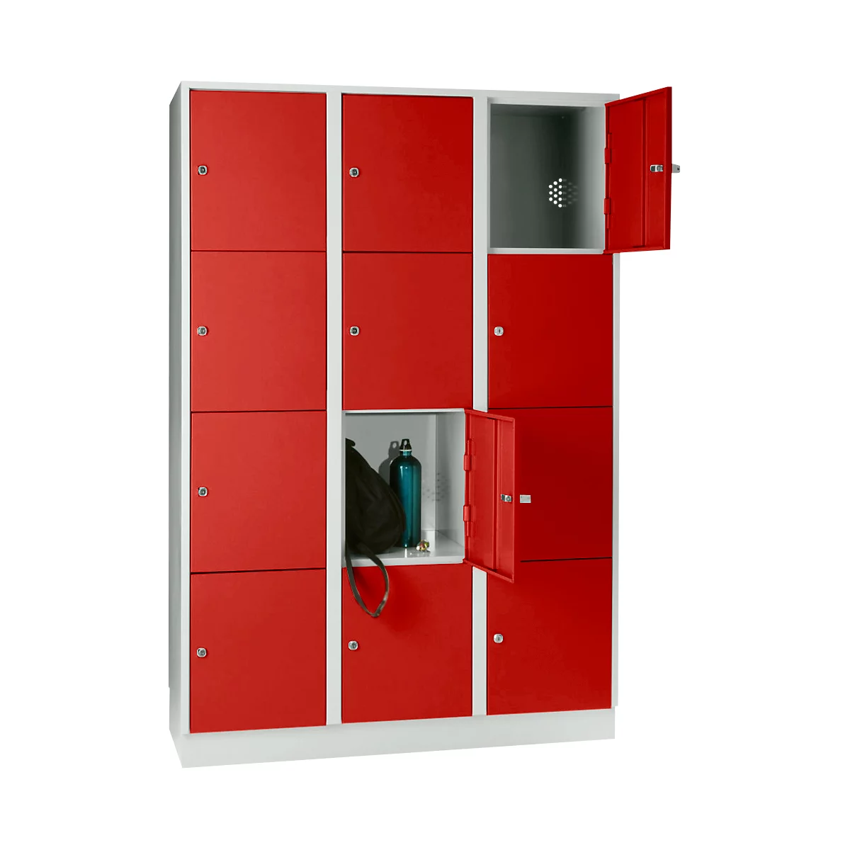 Armoire à casiers pour objets de valeur 400 mm, 3 compartiments, 12 casiers, serrure à cylindre de sécurité, sur socle, rouge feu