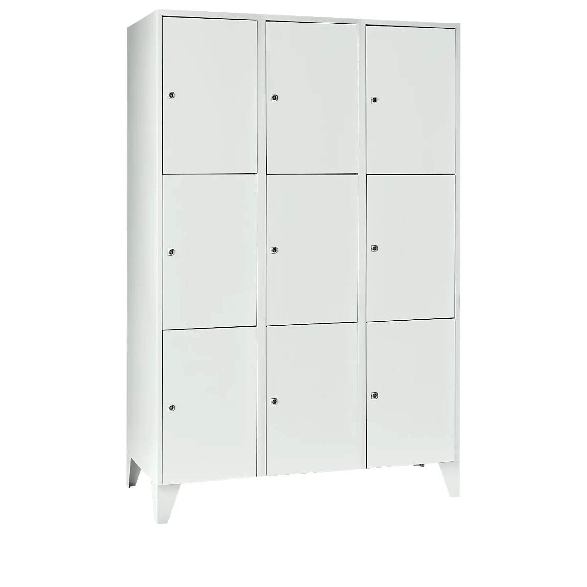 Armoire à casiers pour objets de valeur 400 mm, 3 compartiments, 9 casiers, serrure à cylindre de sécurité, pied, gris clair