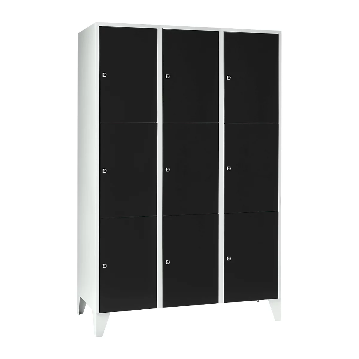Armoire à casiers pour objets de valeur 400 mm, 3 compartiments, 9 casiers, serrure à cylindre de sécurité, pied, noir ébène