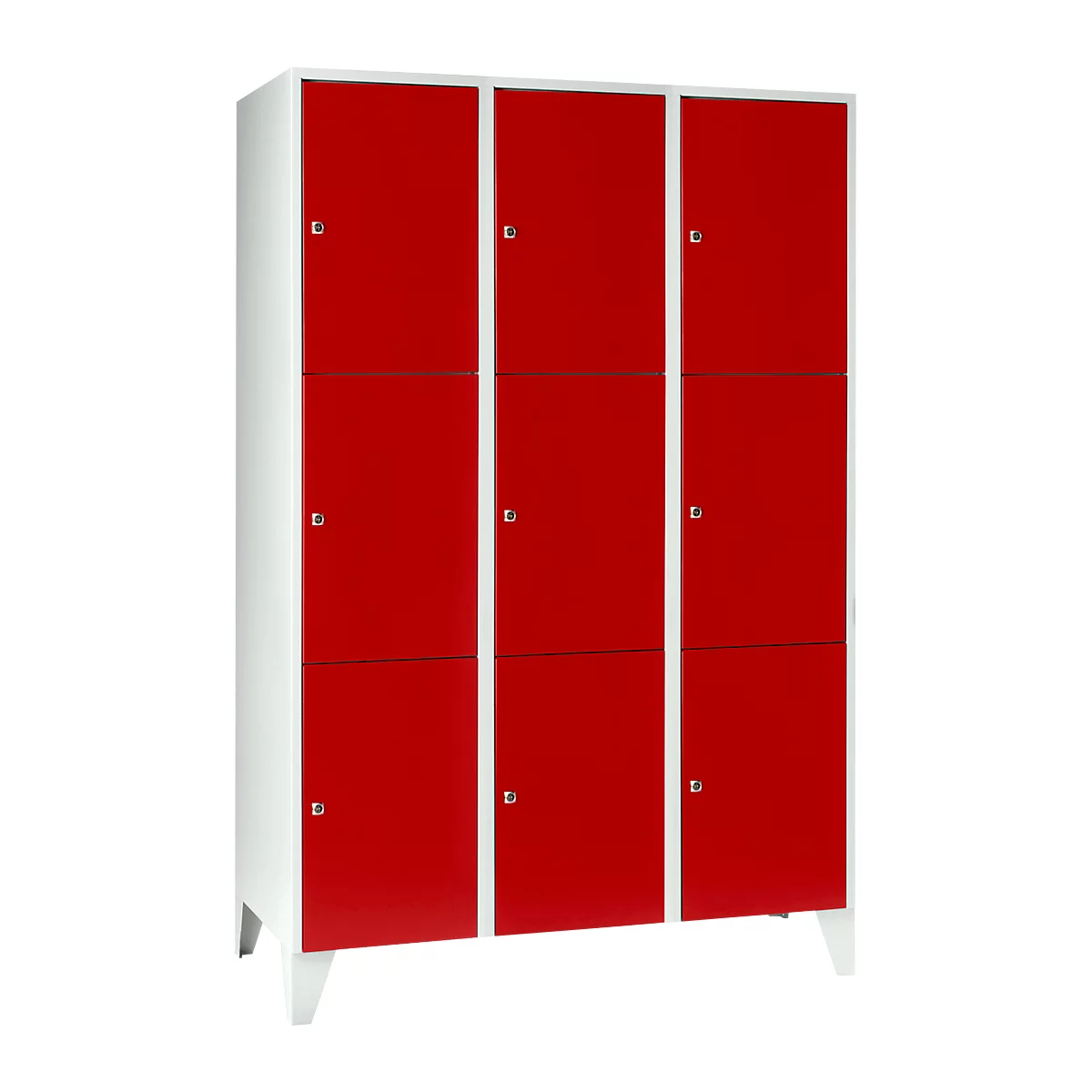 Armoire à casiers pour objets de valeur 400 mm, 3 compartiments, 9 casiers, serrure à cylindre de sécurité, pied, rouge feu