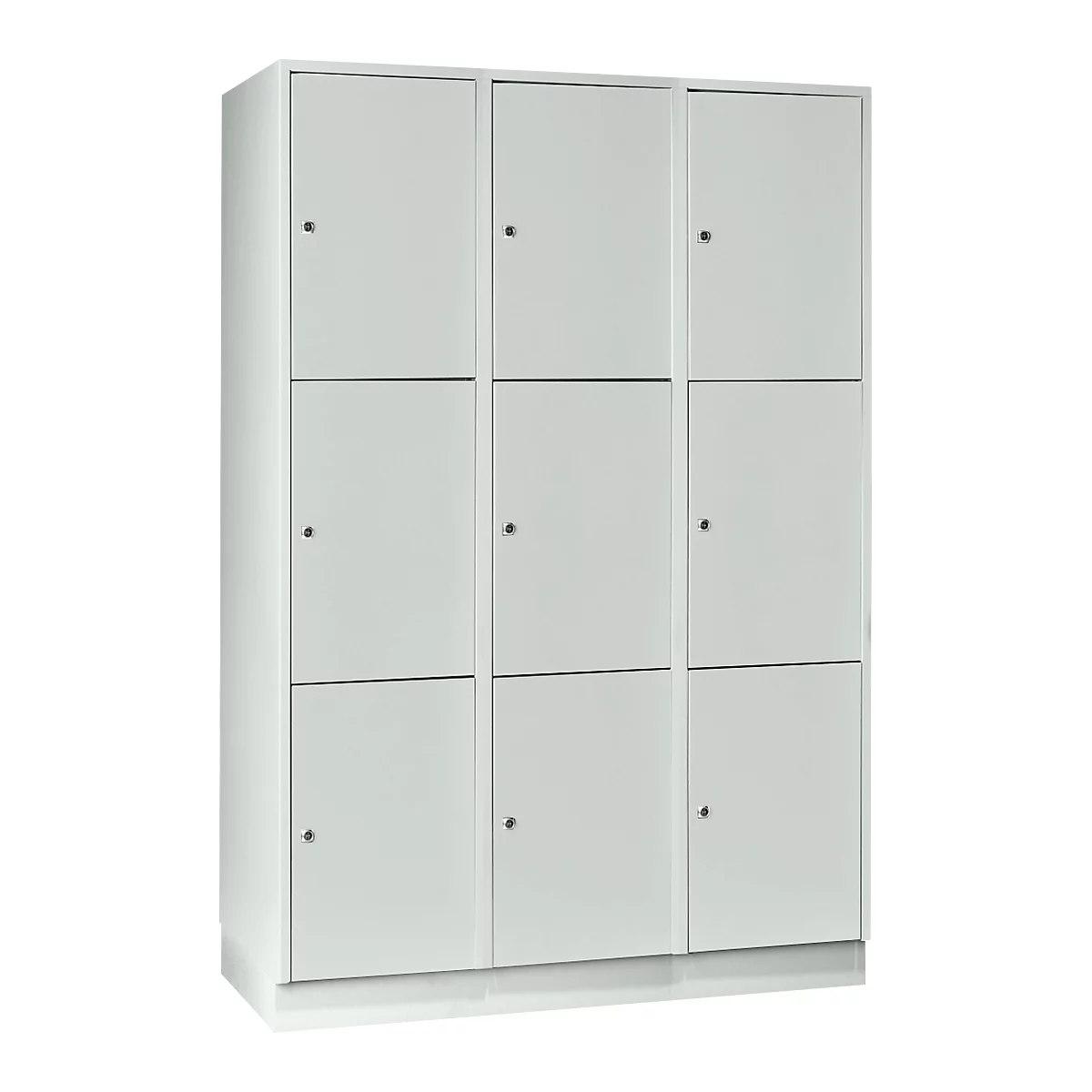 Armoire à casiers pour objets de valeur 400 mm, 3 compartiments, 9 casiers, serrure à cylindre de sécurité, sur socle, gris clair