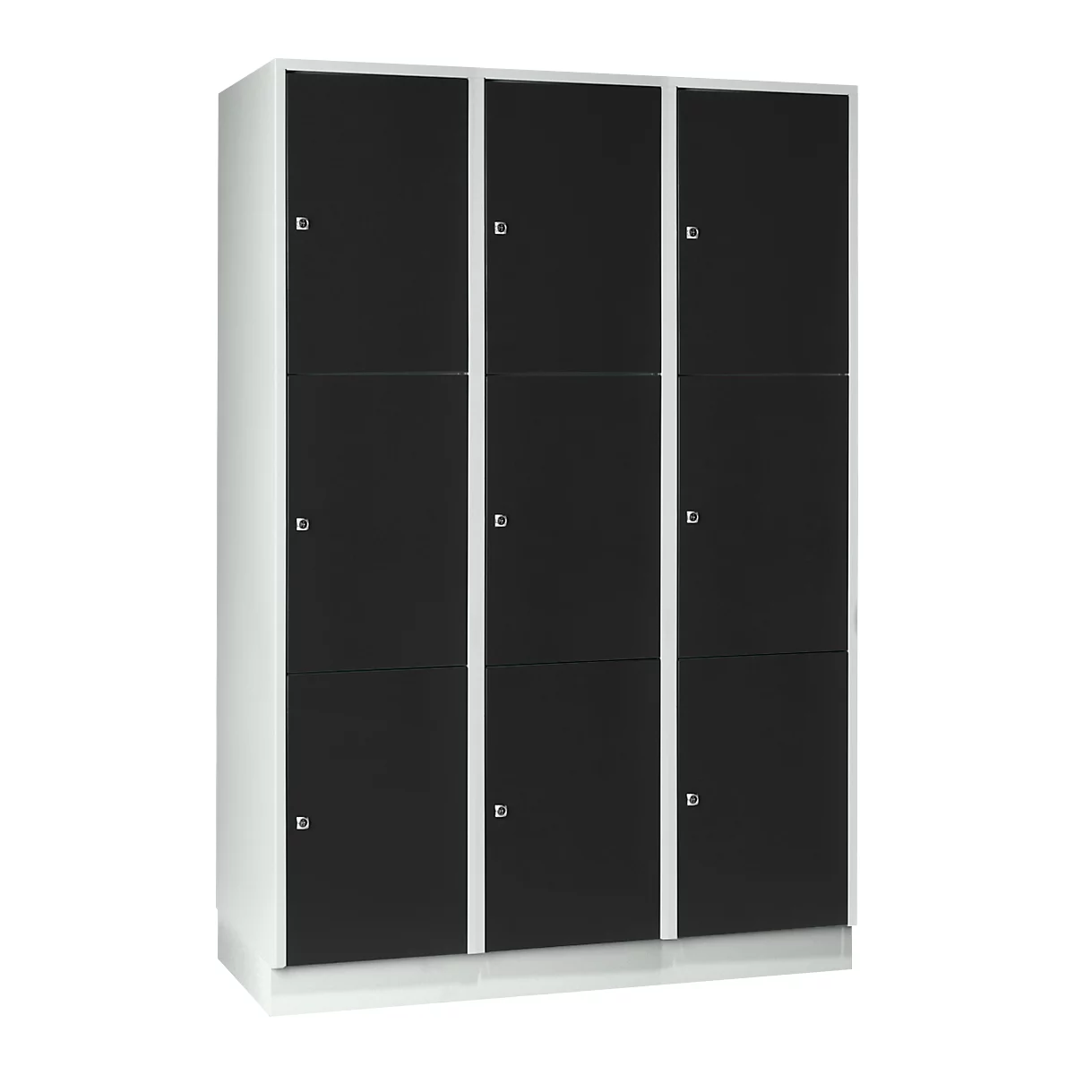 Armoire à casiers pour objets de valeur 400 mm, 3 compartiments, 9 casiers, serrure à cylindre de sécurité, sur socle, noir ébène