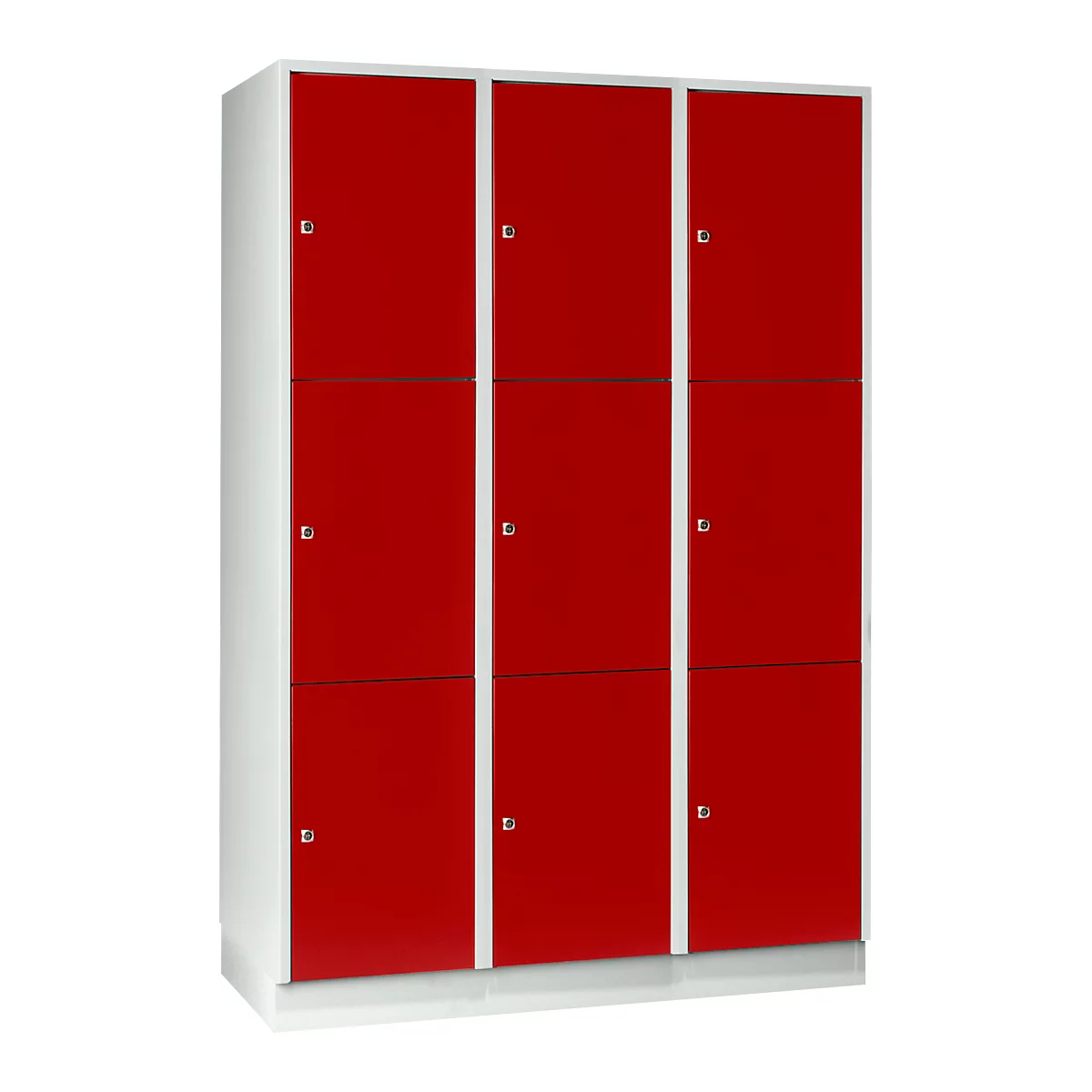 Armoire à casiers pour objets de valeur 400 mm, 3 compartiments, 9 casiers, serrure à cylindre de sécurité, sur socle, rouge feu