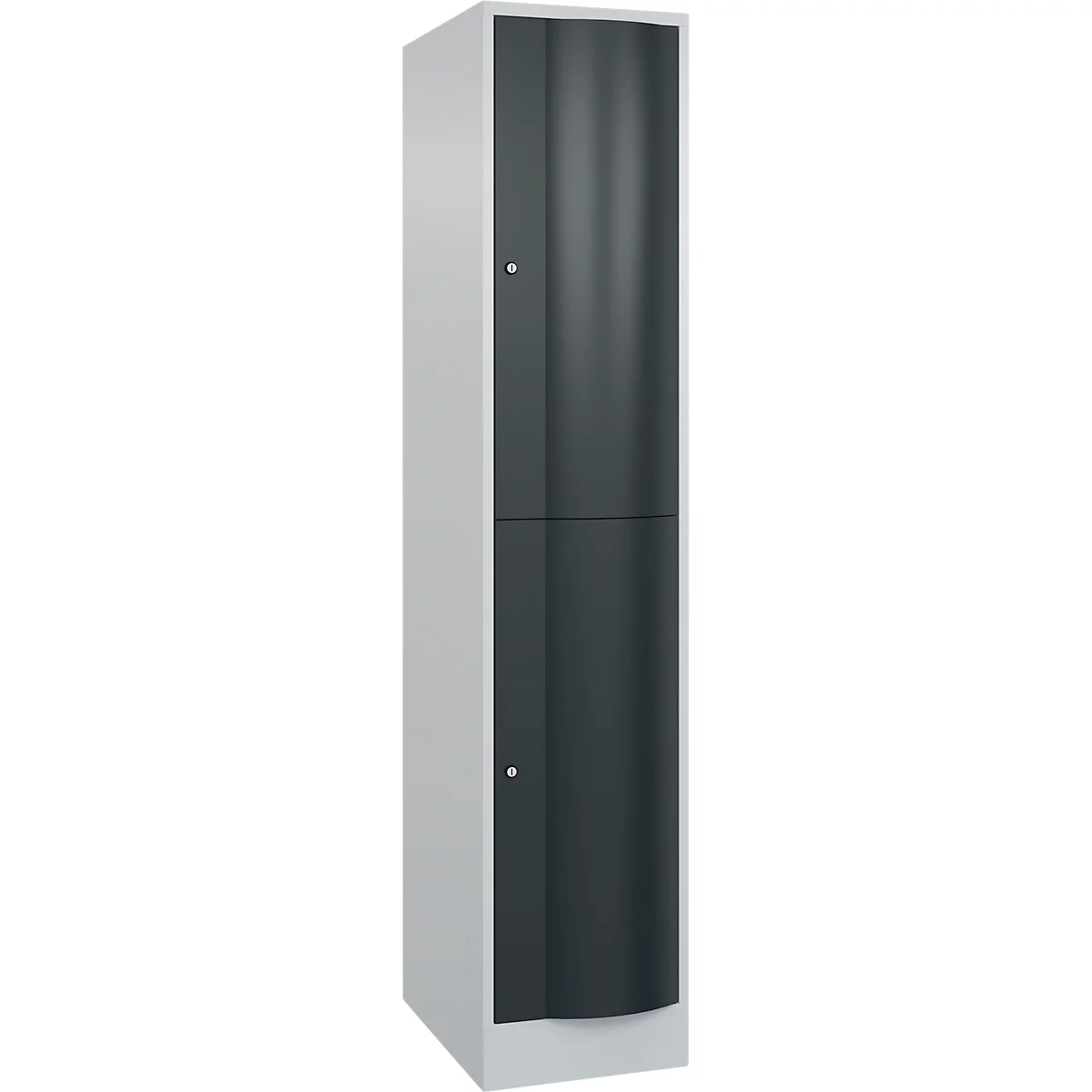 Une haute armoire grise avec deux portes gris foncé et de petits boutons.
