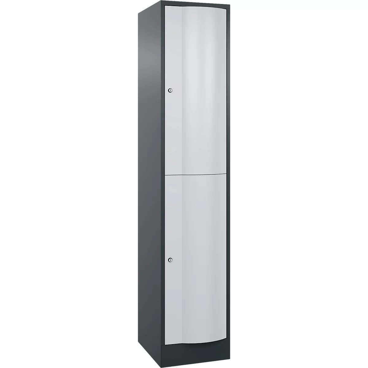 Armoire grise à deux portes, poignées argentées et portes argentées.