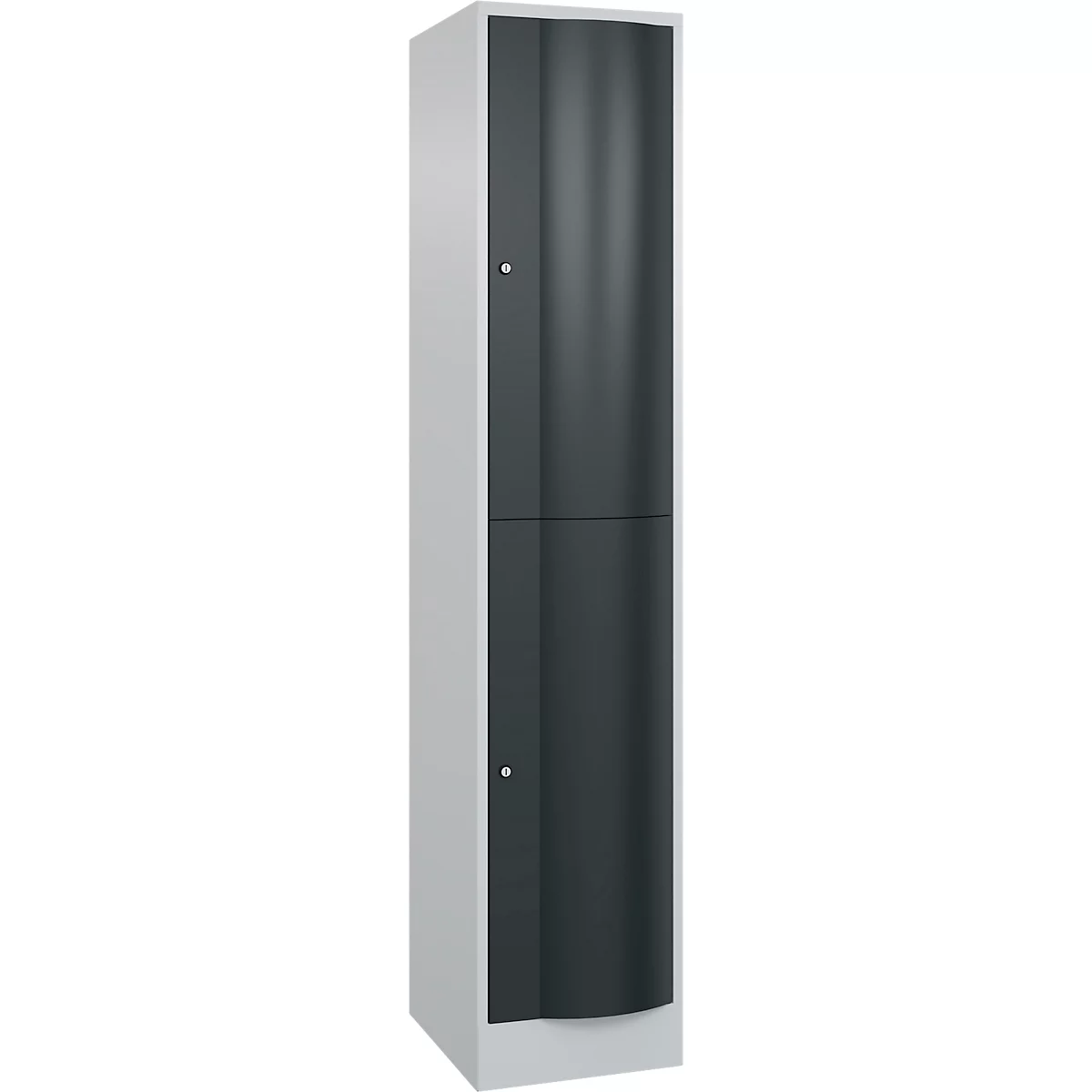 Une armoire blanche et haute avec une double porte noire. Deux boutons de porte sont visibles.