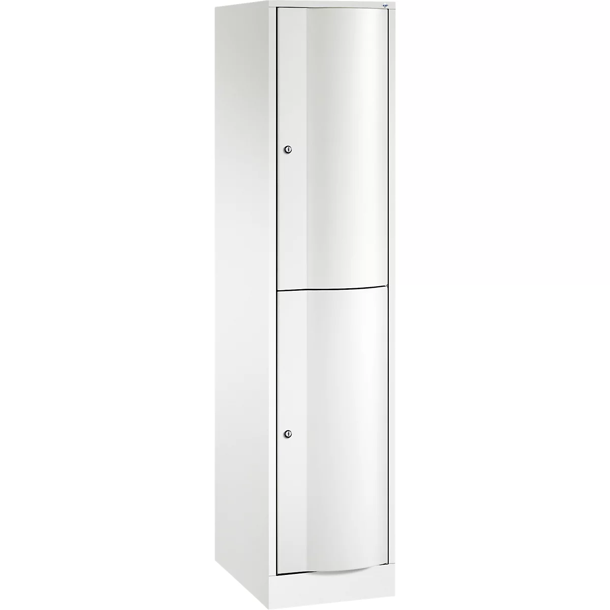 Armoire blanche à deux portes. Chaque porte a un bouton.