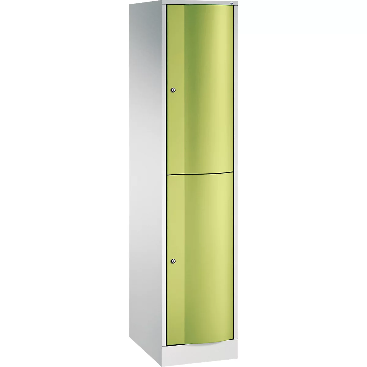 Une armoire avec deux portes bleues, entourée d'un cadre blanc. L'armoire a deux poignées de porte.