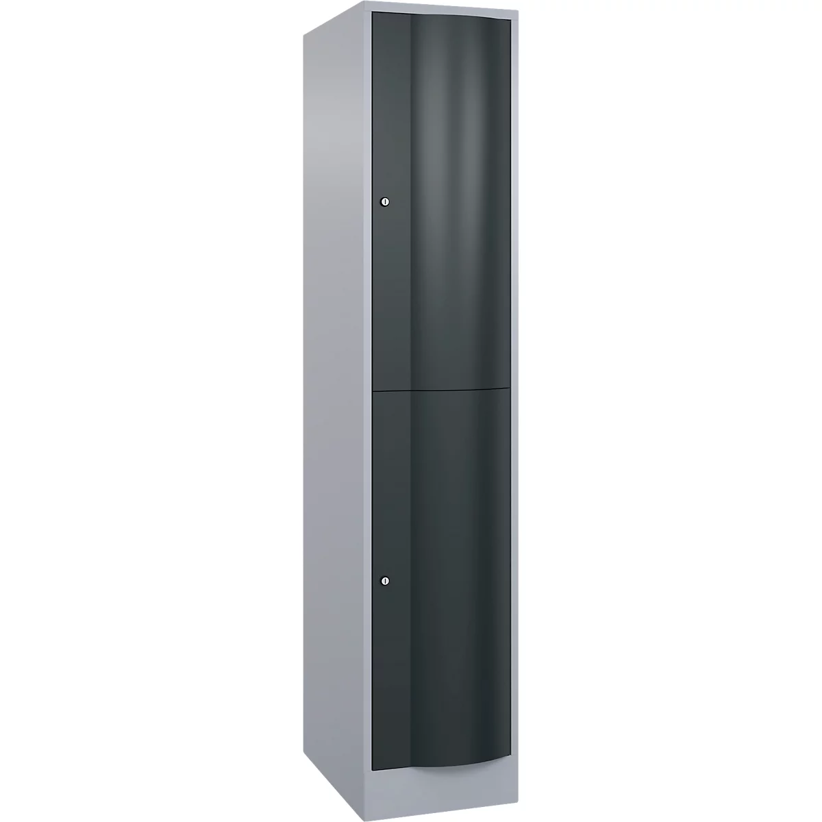 Un grand meuble étroit, à deux portes. Côtés gris, portes noires avec poignées.