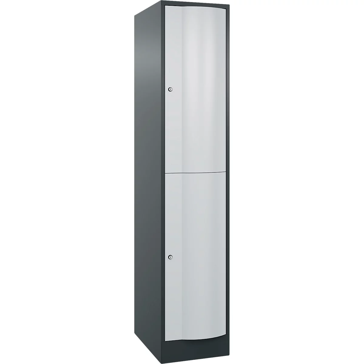 Armoire grise à deux portes, argentée au milieu. Boutons ronds.