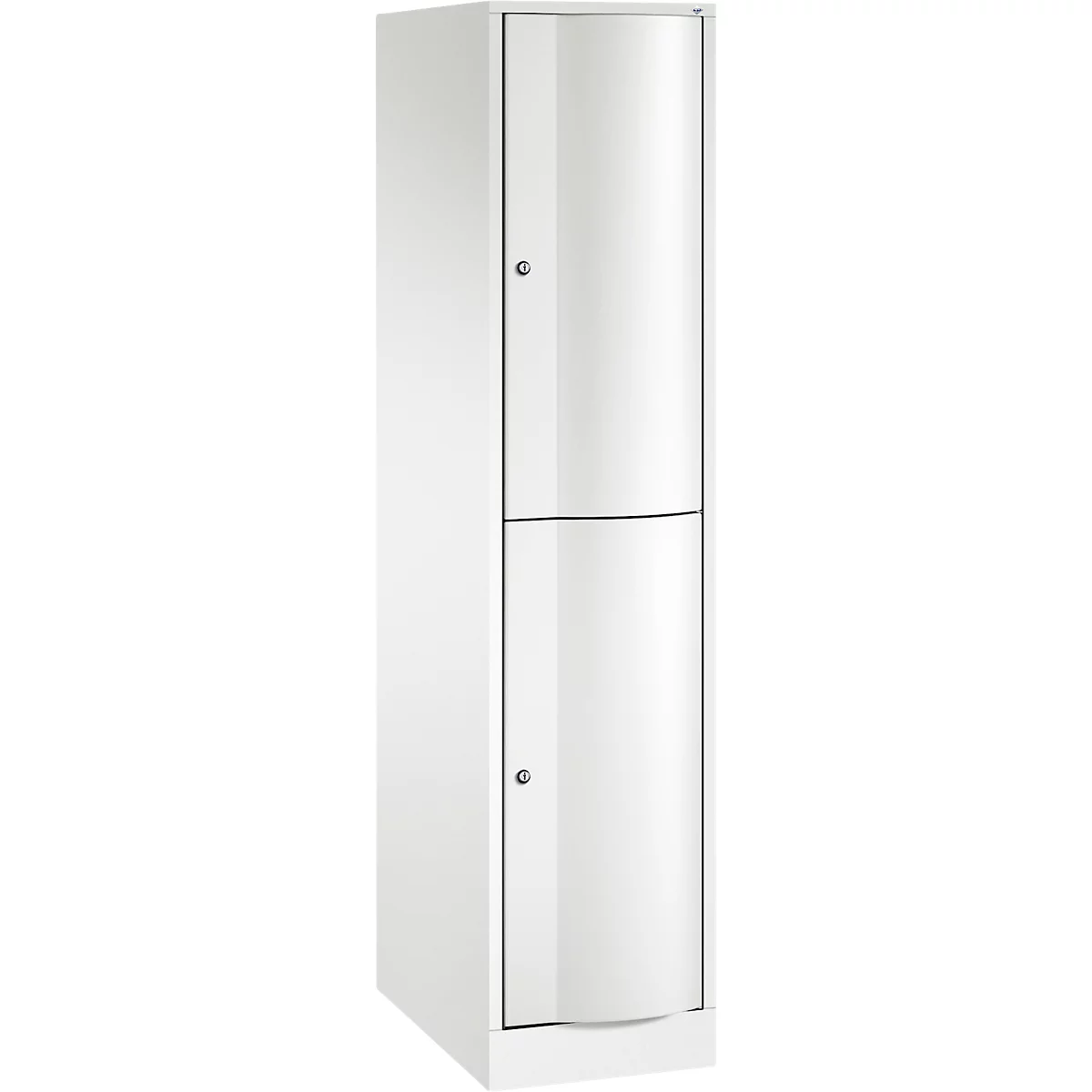 Un casier blanc et haut avec deux portes équipées de poignées.