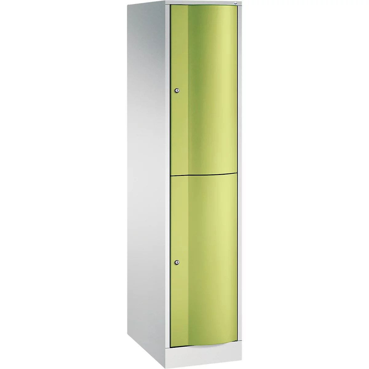 Une armoire en acier blanc avec deux portes divisées par une ligne horizontale. De petits boutons servent de poignées.