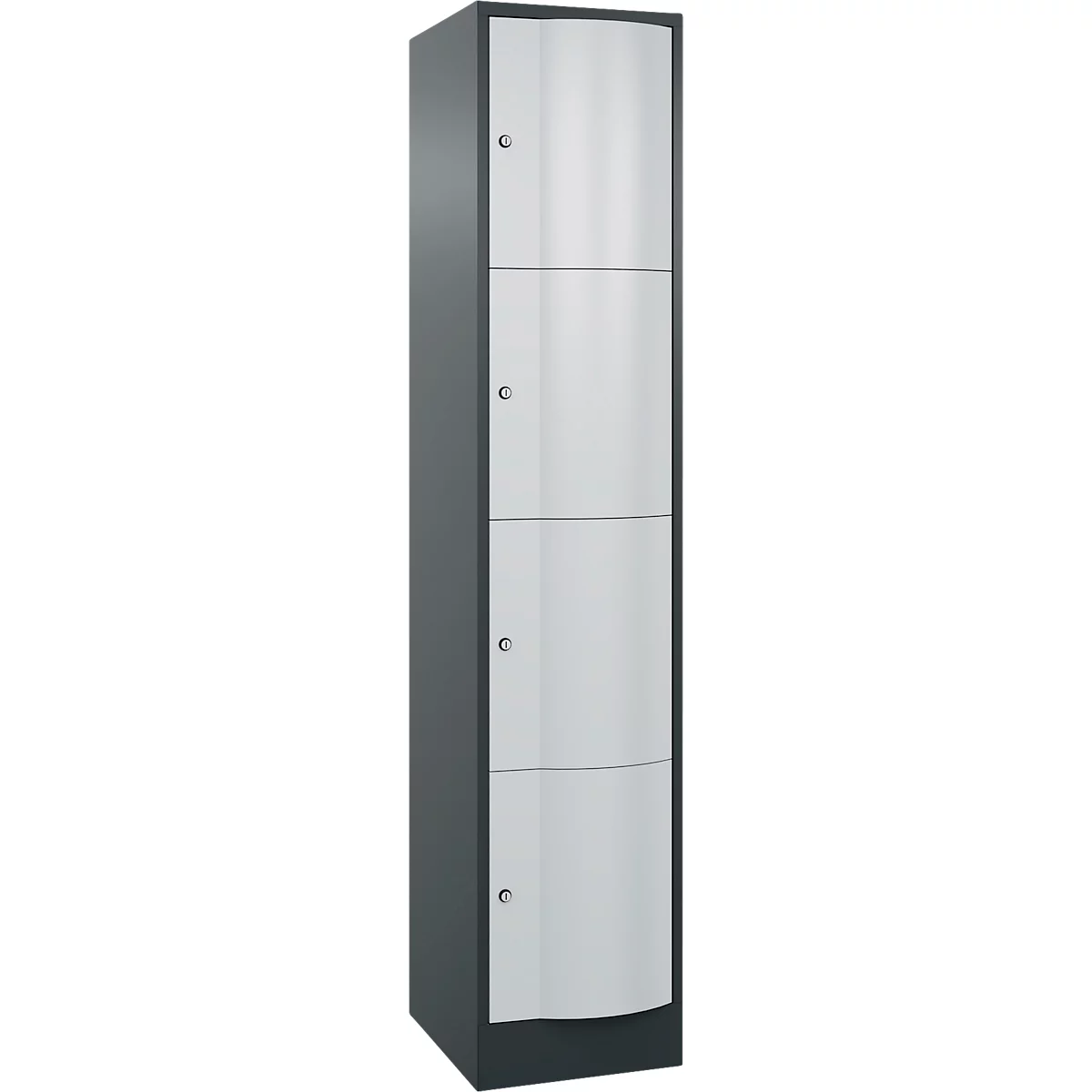 Armoire grise et argentée avec quatre portes. Les portes ont un bord inférieur arrondi.