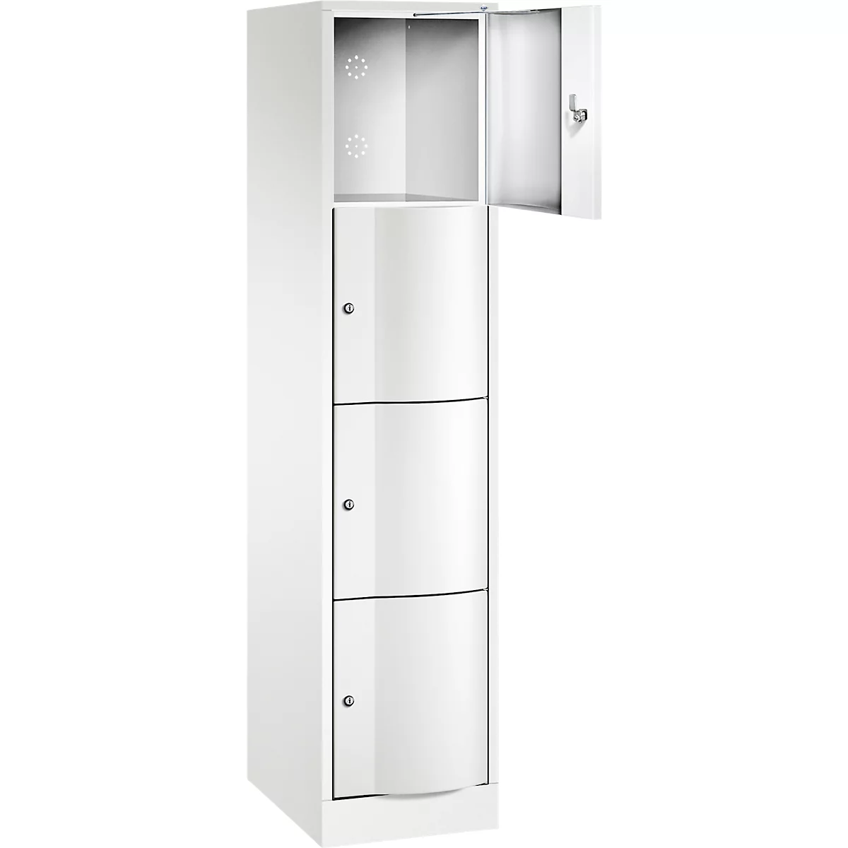 Armoire en acier blanc, haute, avec trois compartiments et un compartiment ouvert. Une porte est ouverte.