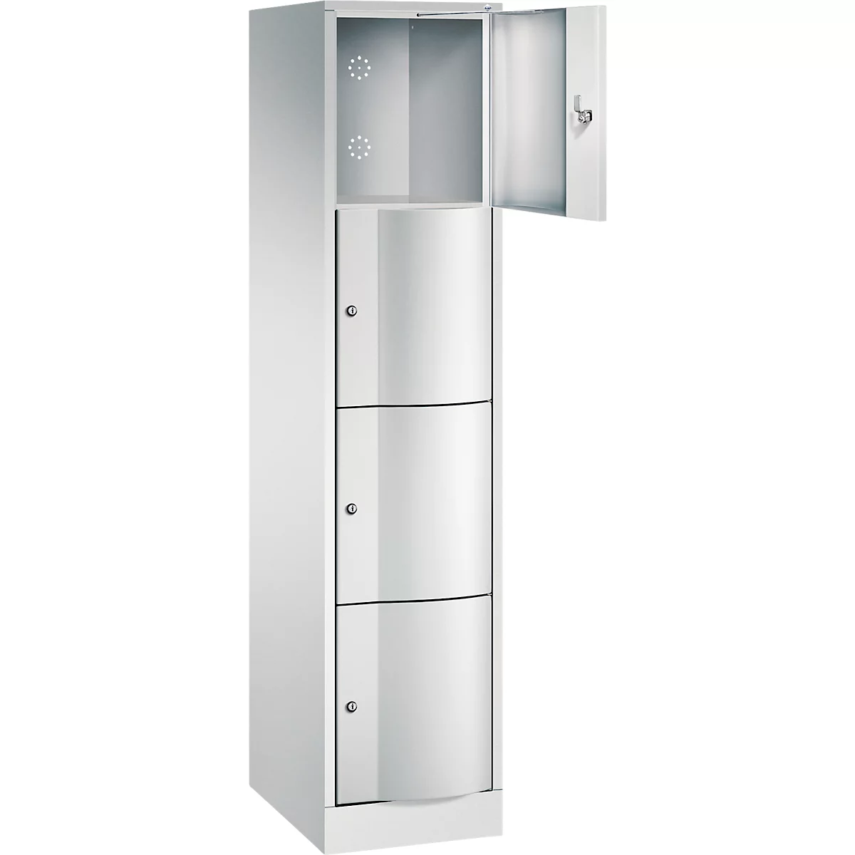 Armoire blanche avec portes vertes, une porte ouverte.