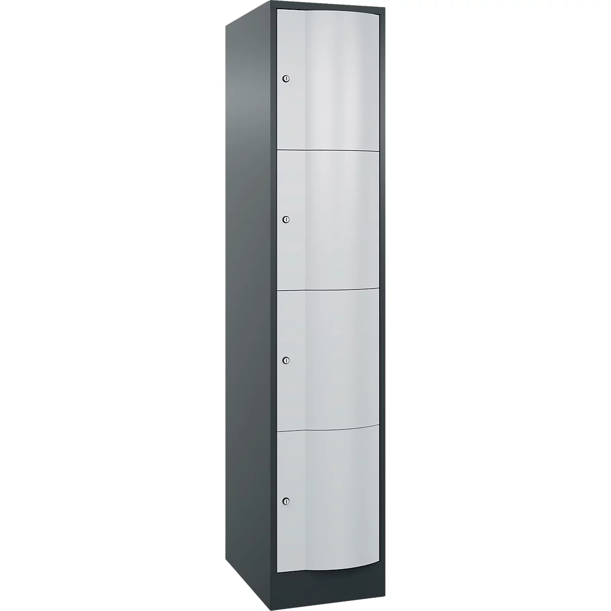 Un meuble gris avec quatre portes, des portes argentées et des boutons argentés.