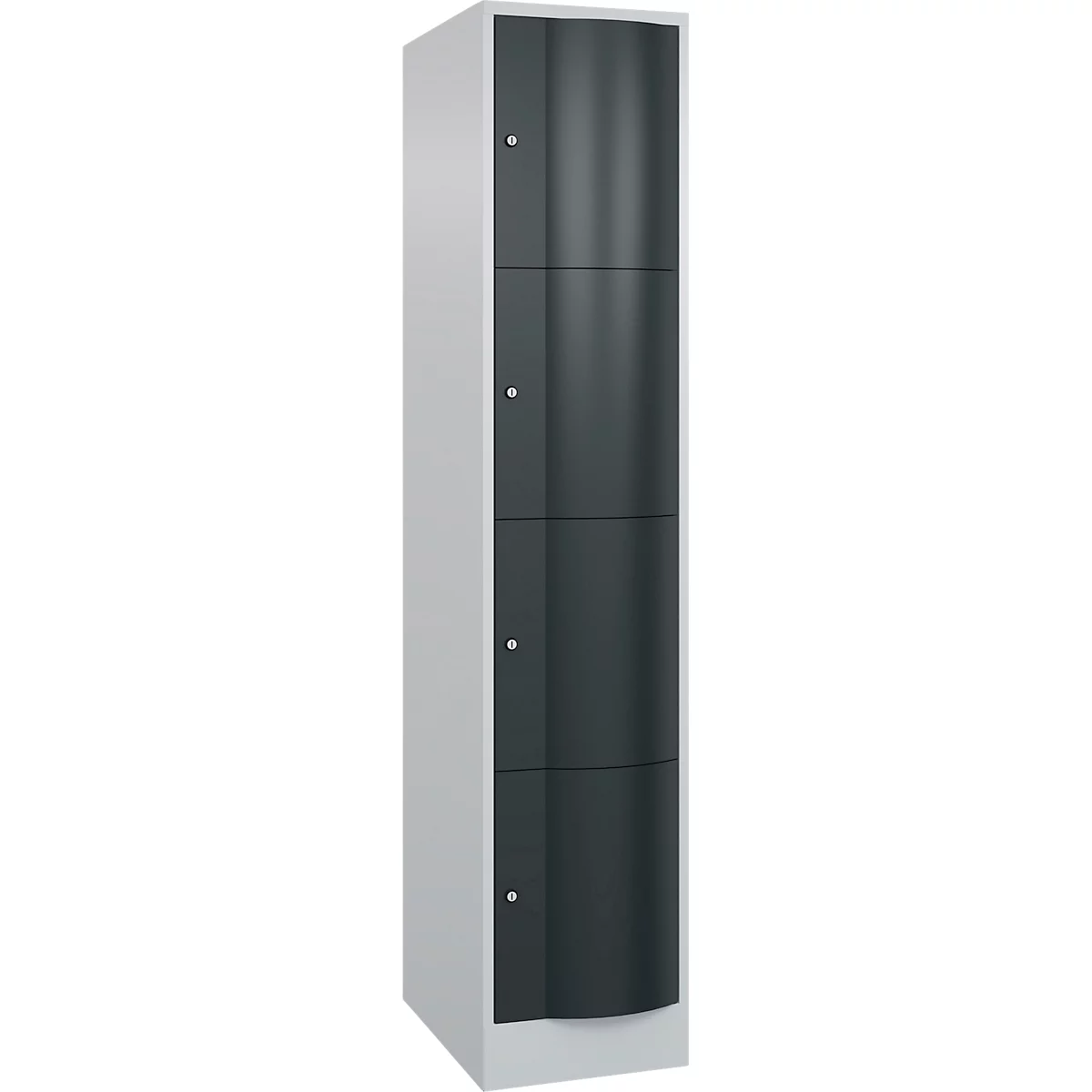 Un grand meuble gris avec quatre portes sombres, chacune avec une petite poignée.