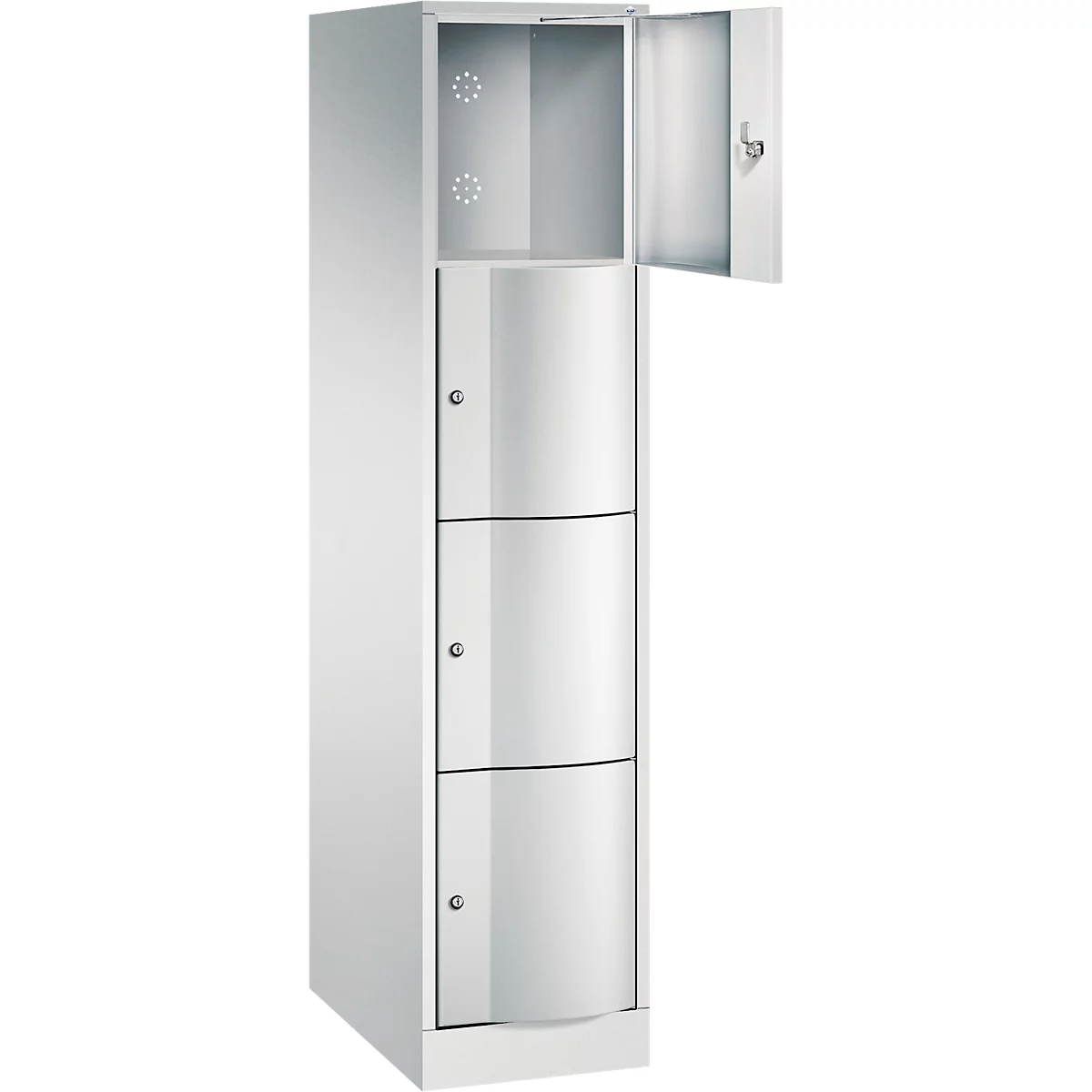Armoire avec portes bleues et cadre blanc, une porte ouverte.