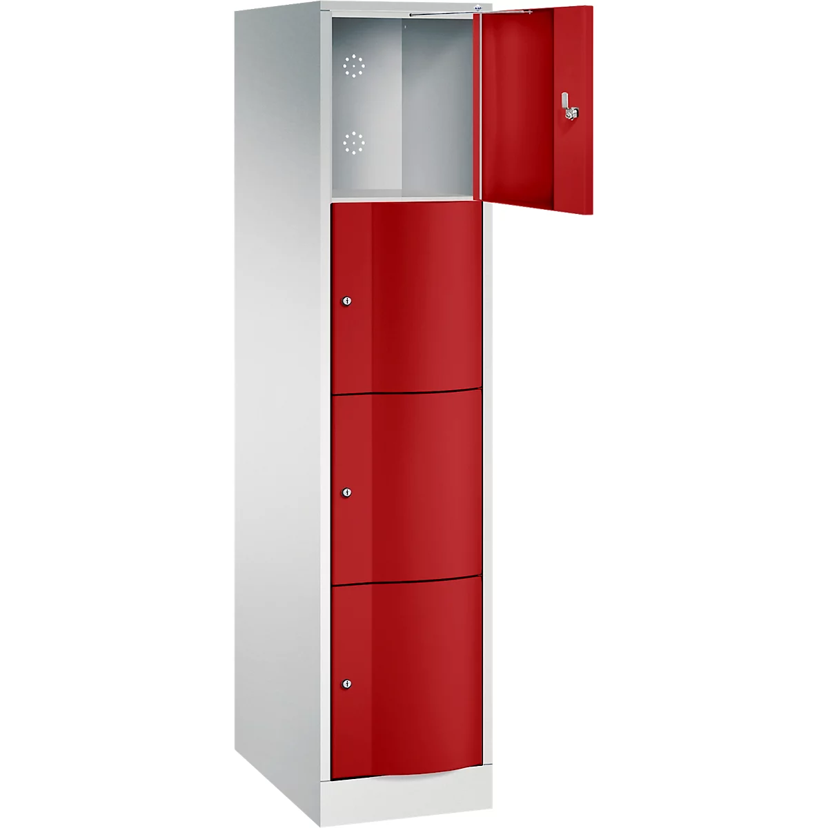 Une armoire de casiers blanche et bleue avec un compartiment ouvert et trois compartiments fermés.