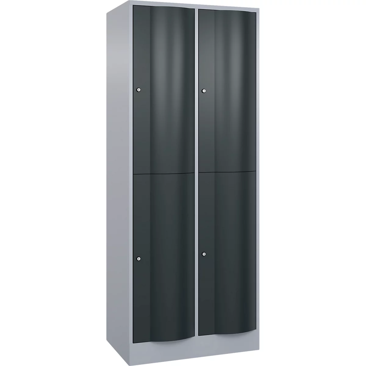 Une armoire grise à quatre portes. Les portes sont gris foncé et ont des poignées argentées.