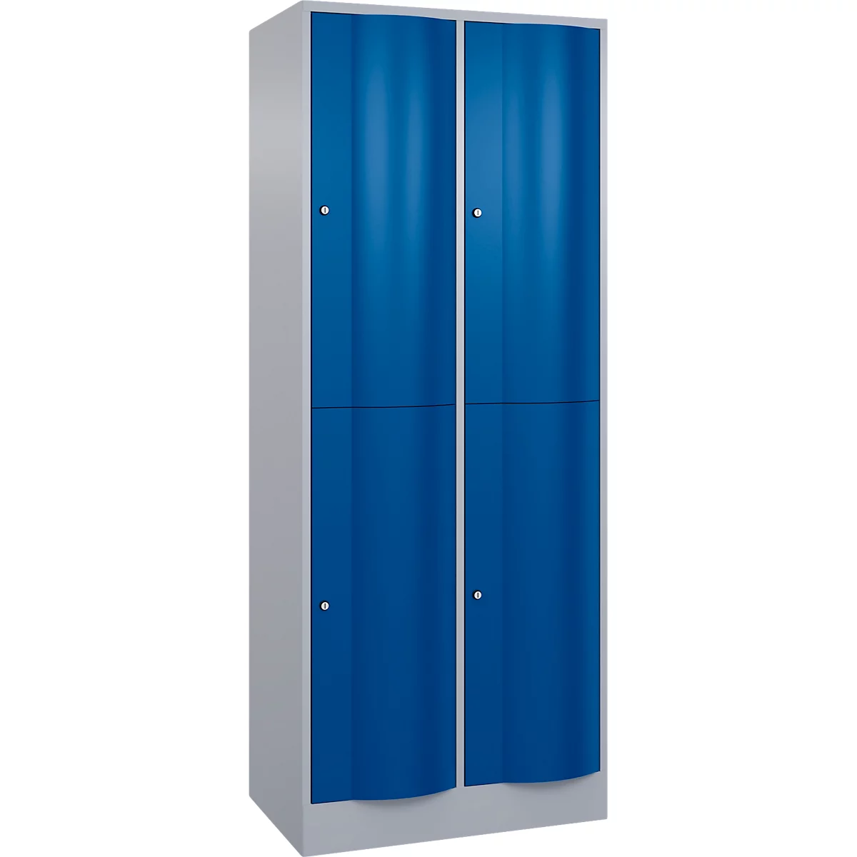 Armoire à deux portes bleues. Cadre gris, poignées argentées.