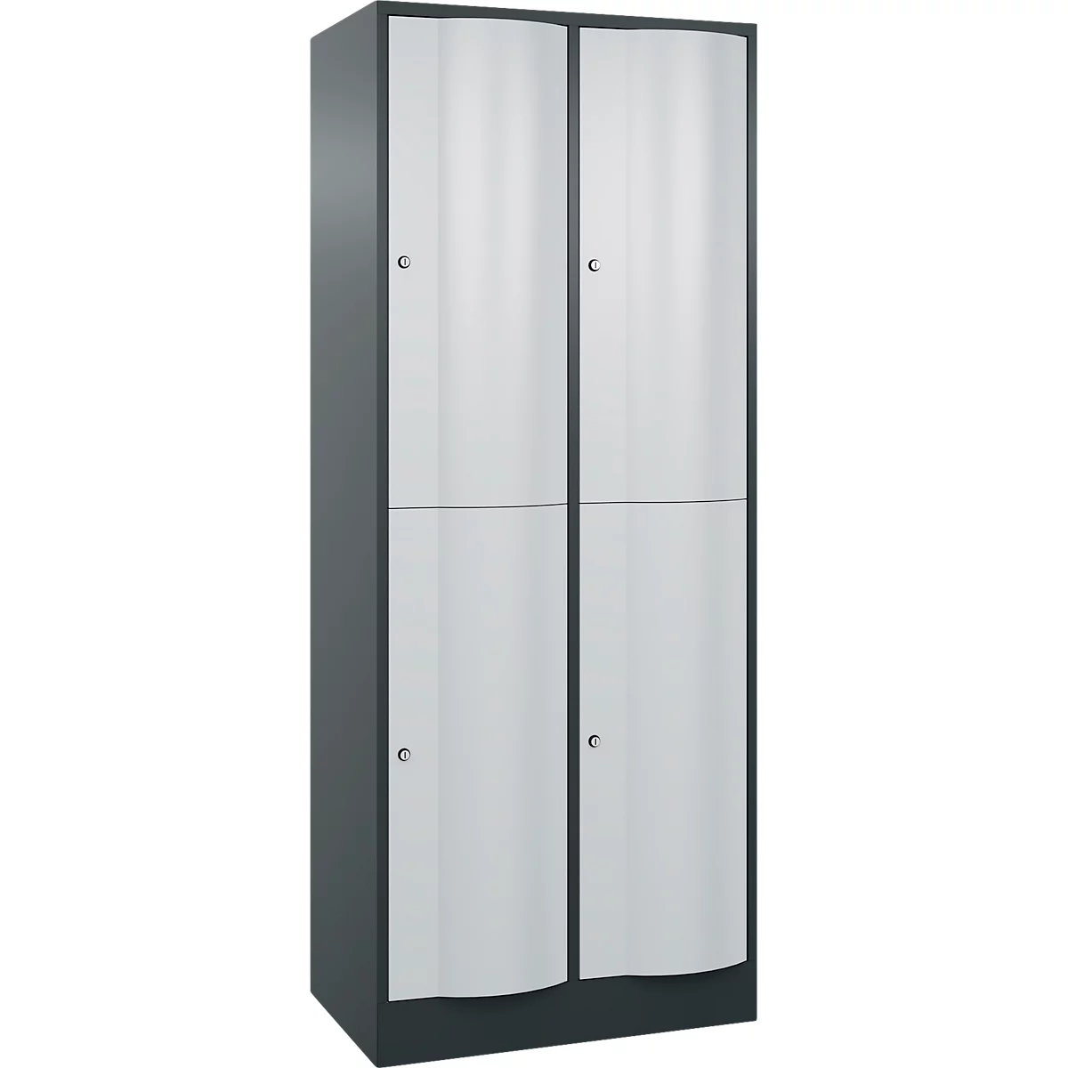 Une armoire grise à quatre portes et poignées argentées. Portes inférieures avec un bord incurvé. Cadre noir.