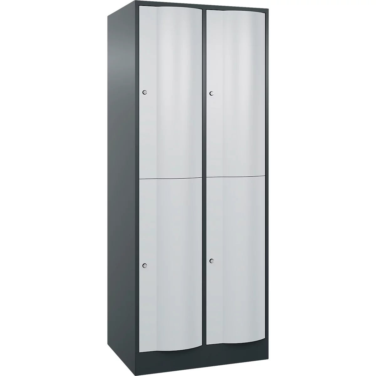 Un casier gris à quatre portes. Les portes sont blanches avec un design incurvé et de petits boutons.