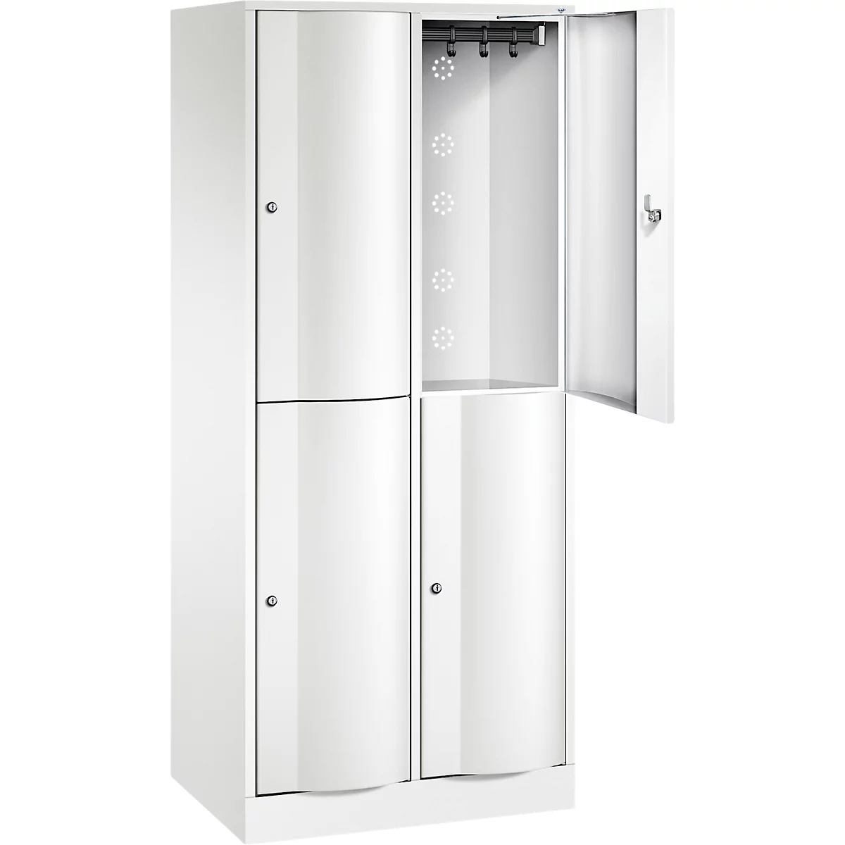 Armoire blanche, portes partiellement ouvertes. On distingue des compartiments, une tringle à vêtements et des éléments décoratifs.