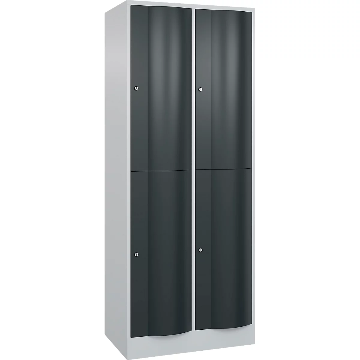 Armoire en acier grise avec quatre portes, deux superposées, avec de petits boutons.