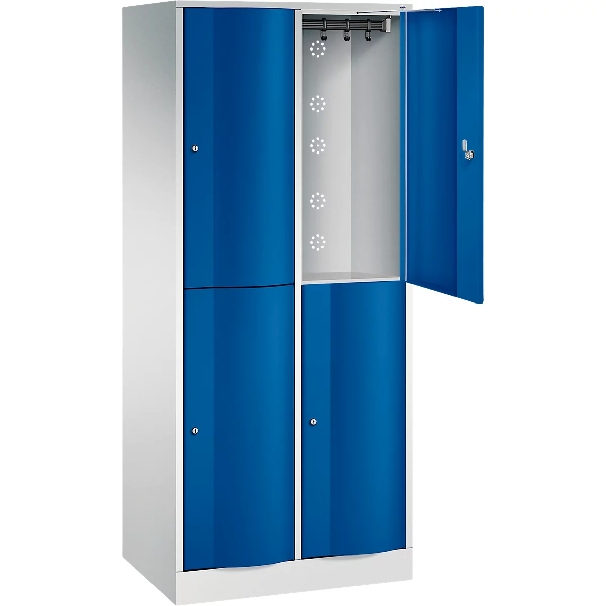 Casier bleu et blanc avec porte ouverte. Intérieur gris clair, avec tringle et trous de ventilation.