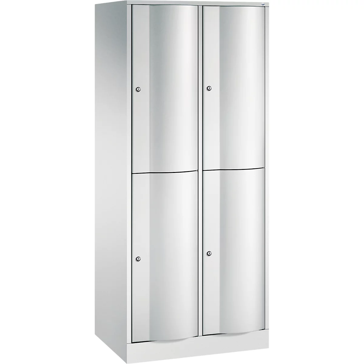 Une armoire blanche avec quatre portes vert citron, avec des boutons argentés.