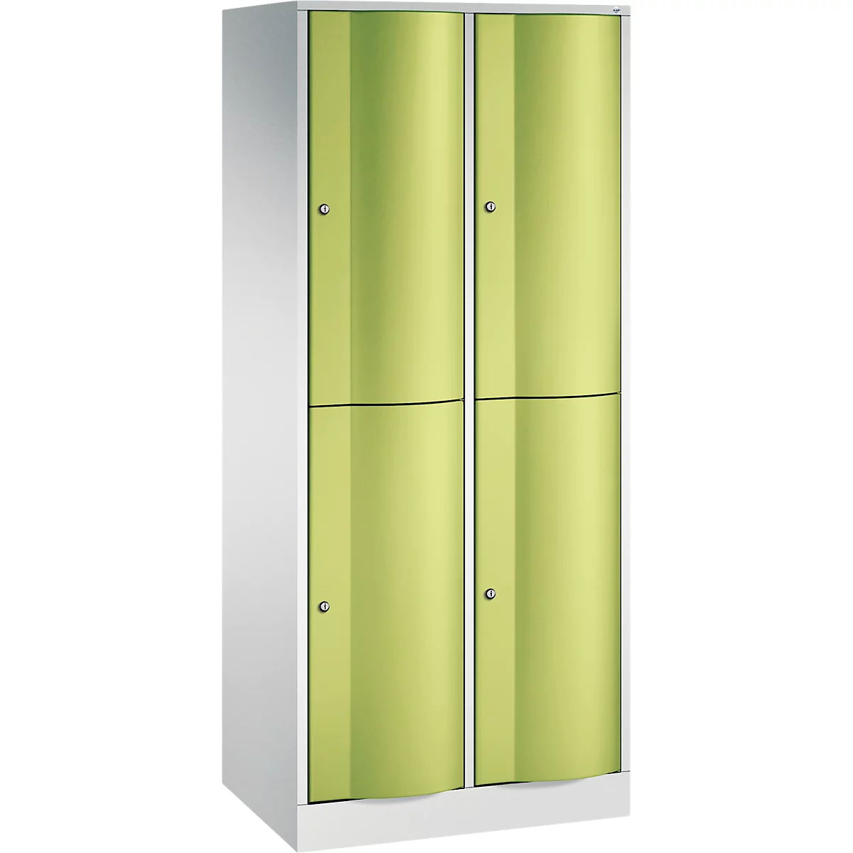 Armoire en métal blanc avec quatre portes, petits boutons et formes légèrement incurvées.