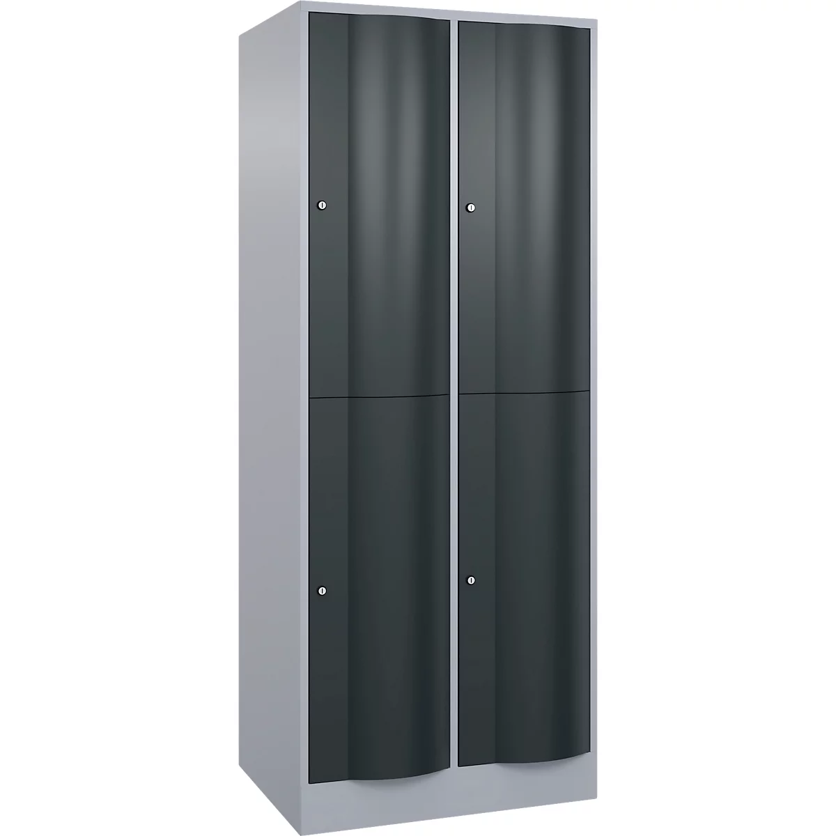 Armoire grise et noire avec quatre portes. Chaque porte a un bouton argenté.