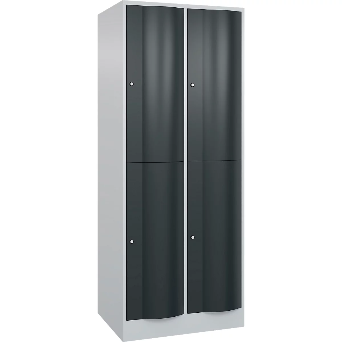 Une armoire grise avec deux portes, chacune divisée en deux compartiments.