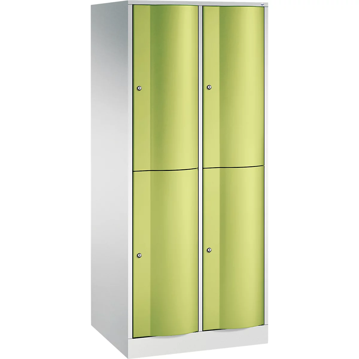 Armoire avec quatre portes bleues et poignées argentées. Le corps est blanc.