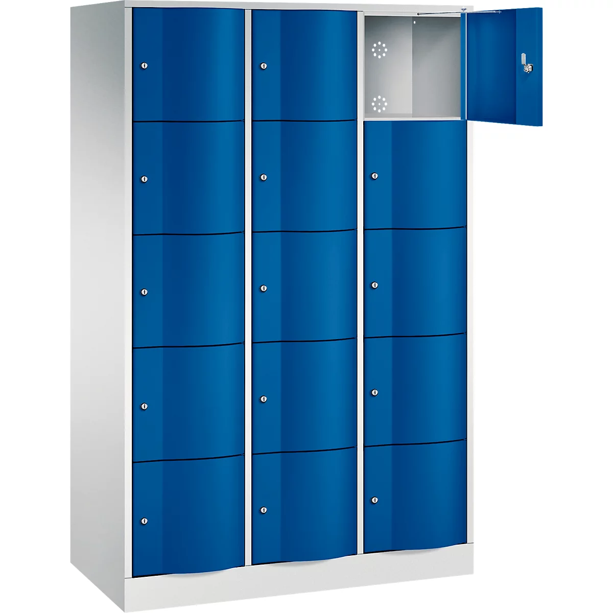 Armoire à casiers Resisto de C+P, 3 compartiments, 15 casiers, L 1148 x P 540 x H 1950 mm, gris clair/bleu gentiane