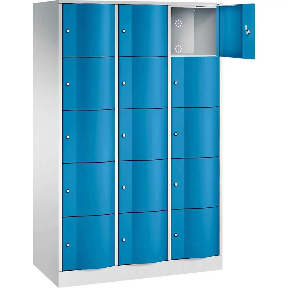 Armoire à casiers Resisto de C+P, 3 compartiments, 15 casiers, L 1148 x P 540 x H 1950 mm, gris clair/rouge rubis