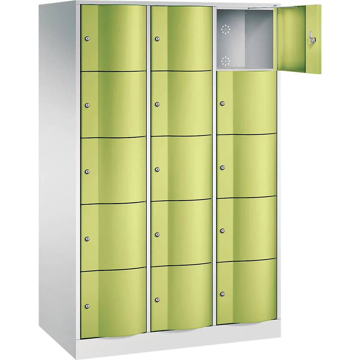 Armoire à casiers Resisto de C+P, 3 compartiments, 15 casiers, L 1148 x P 640 x H 1950 mm, gris clair/bleu gentiane