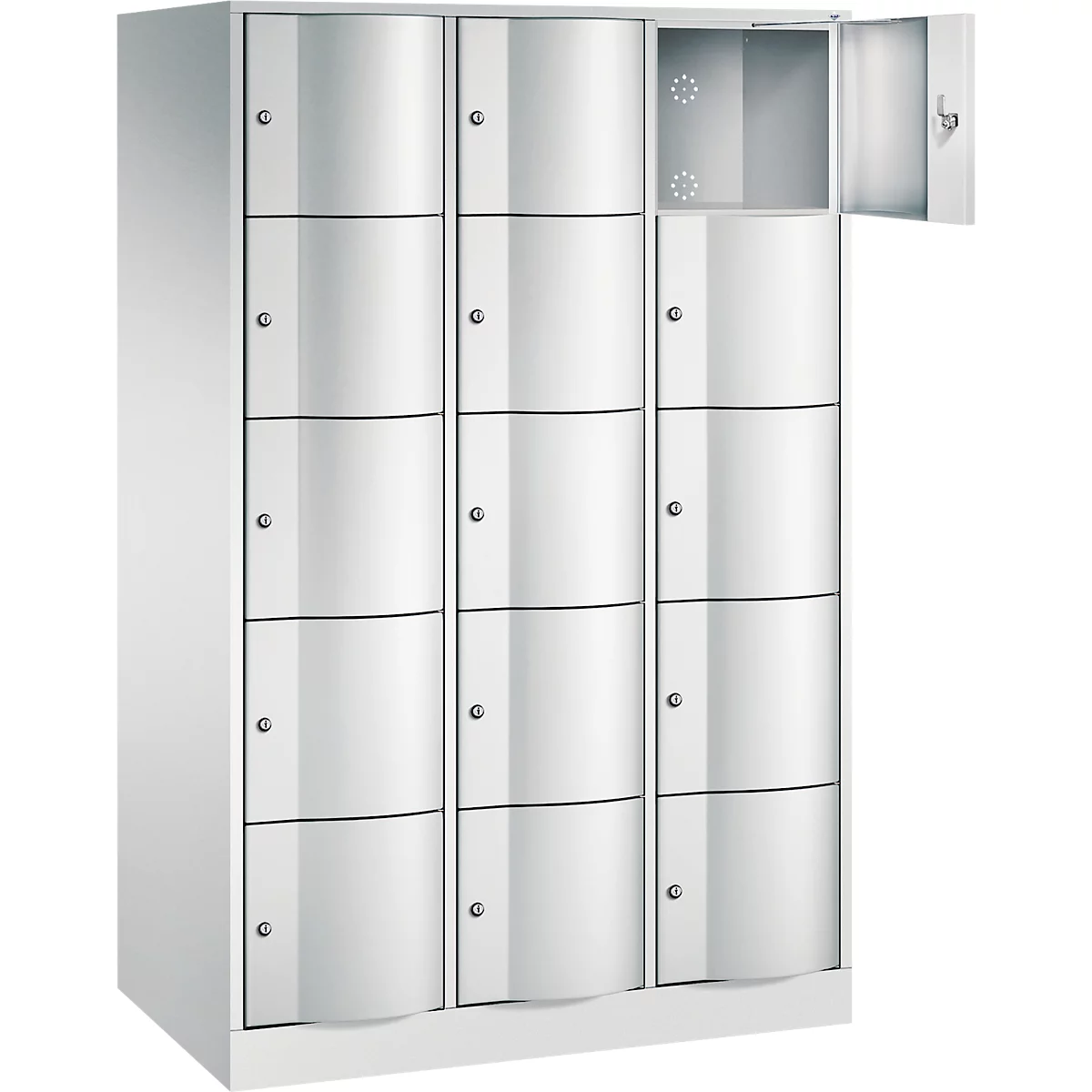 Armoire à casiers Resisto de C+P, 3 compartiments, 15 casiers, L 1148 x P 640 x H 1950 mm, gris clair/vert clown