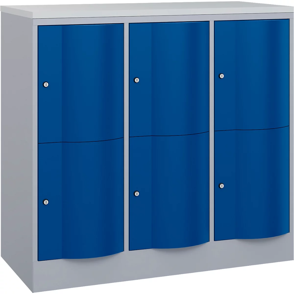 Armoire à casiers Resisto de C+P, 3 compartiments, 6 casiers, L 1148 x P 540 x H 1077 mm, alu blanc/bleu gentiane