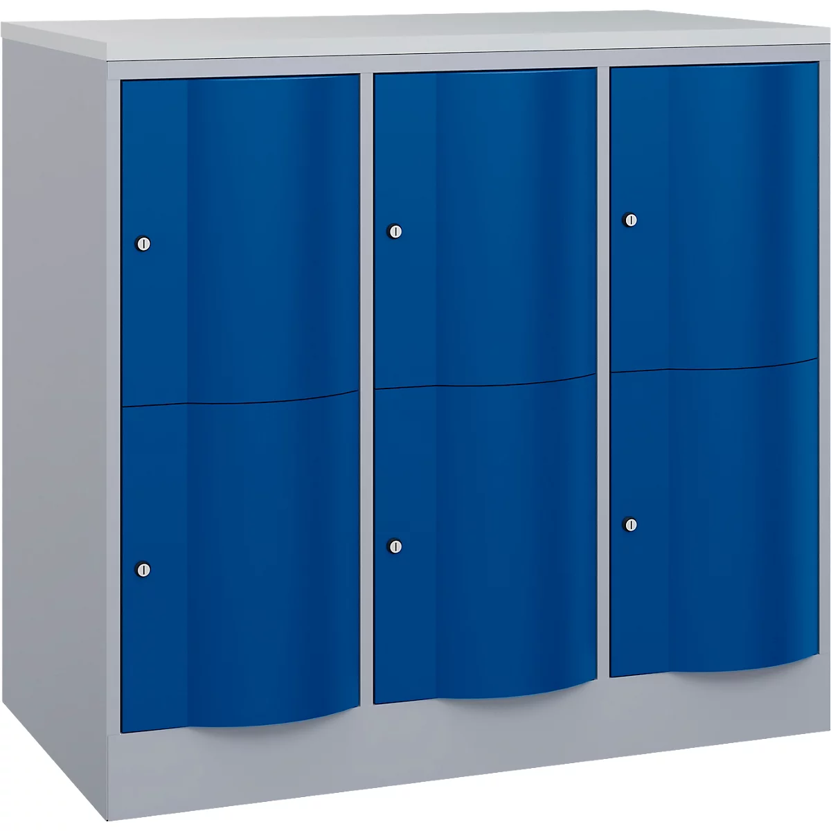 Armoire à casiers Resisto de C+P, 3 compartiments, 6 casiers, L 1148 x P 640 x H 1077 mm, alu blanc/bleu gentiane