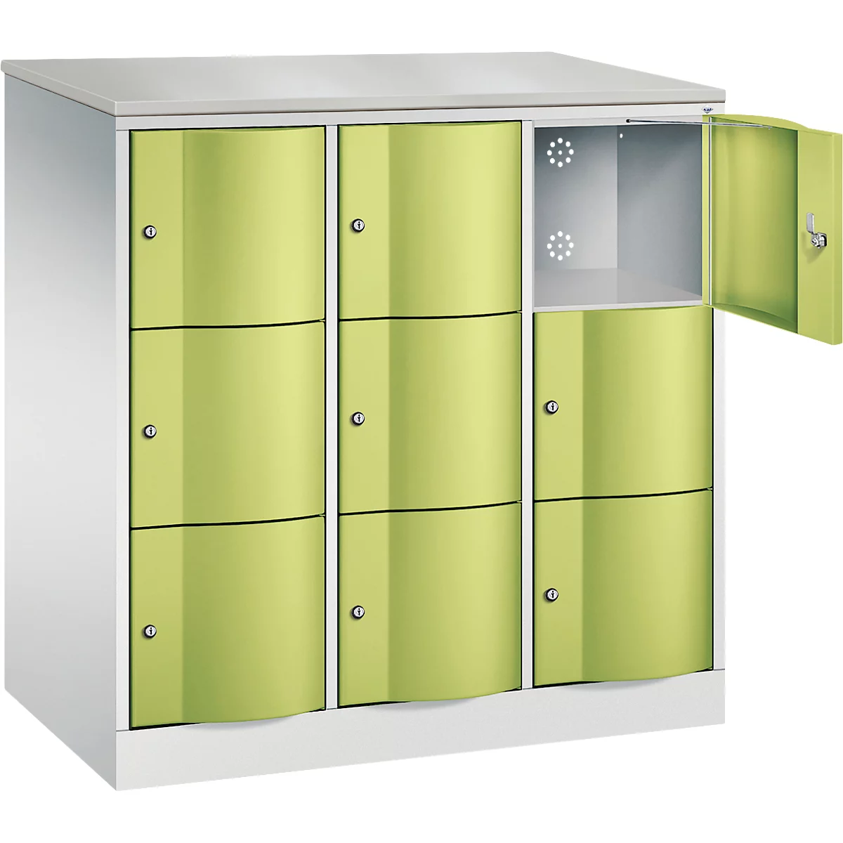 Armoire à casiers Resisto de C+P, 3 compartiments, 9 casiers, L 1148 x P 640 x H 1255 mm, gris clair/vert clown