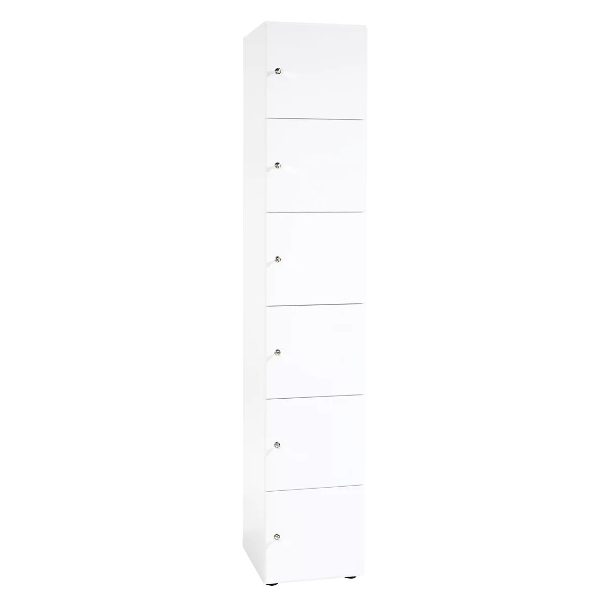 Une armoire blanche avec six portes, chacune avec une poignée argentée.