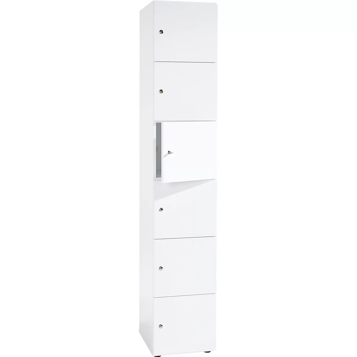 Haute armoire blanche à six compartiments. Chaque compartiment a une petite poignée ronde.