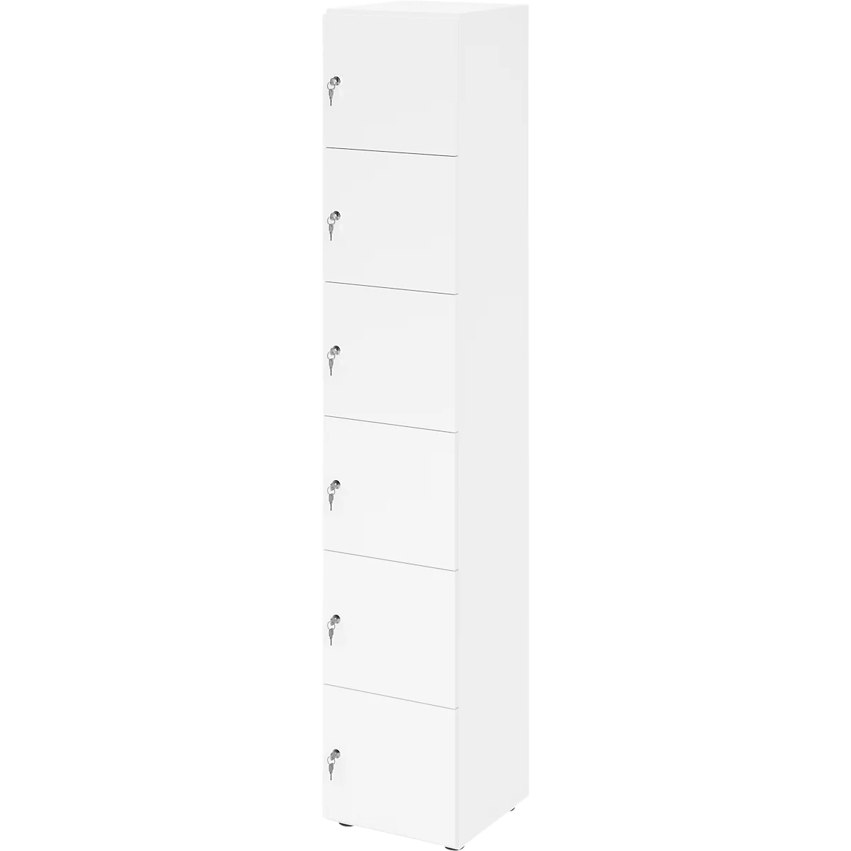 Armoire blanche à six compartiments. Chaque compartiment a une serrure argentée.