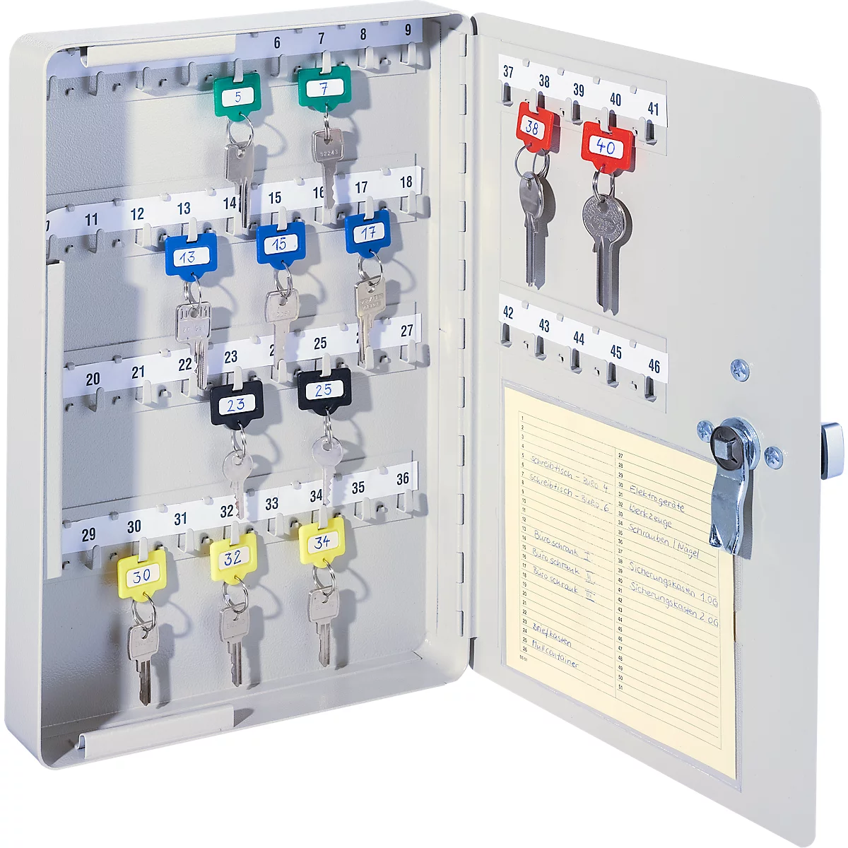 Coffret à clés gris, ouvert. Des clés avec des étiquettes colorées sont accrochées à des crochets. Des numéros sont sur la porte, une note est accrochée dans le coffret.
