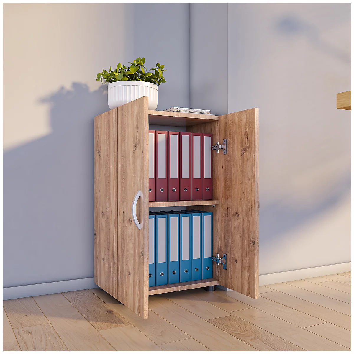 Armoire à dossiers Ulas, 2 hauteurs de classeurs, 1 tablette, pour env. 14 classeurs, portes battantes, L 490 x P 340 x H 740 mm, bois, chêne miel