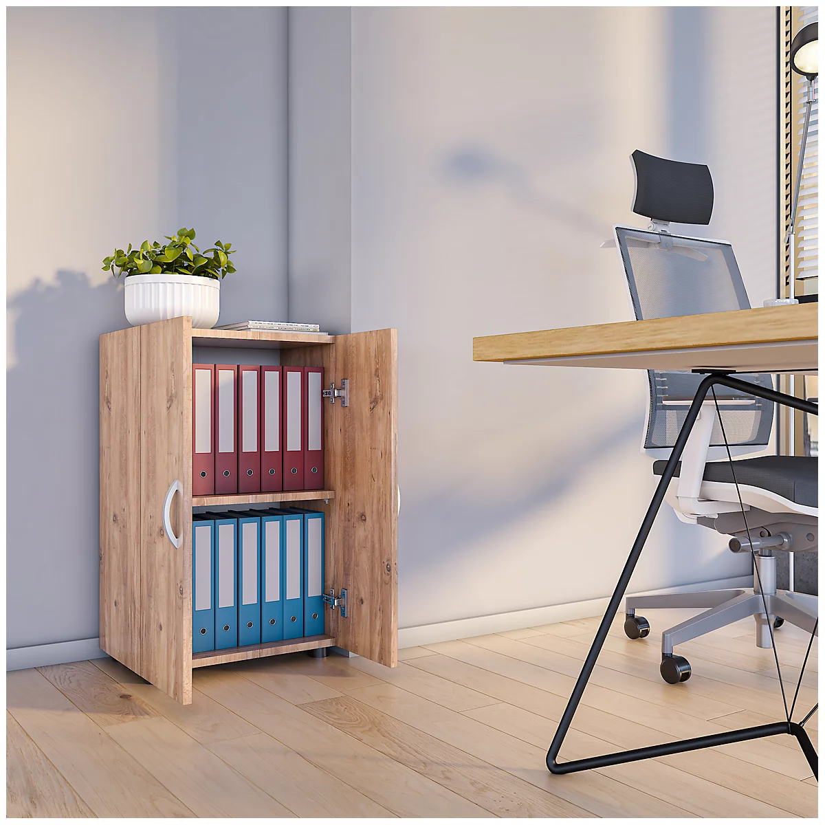 Armoire à dossiers Ulas, 2 hauteurs de classeurs, 1 tablette, pour env. 14 classeurs, portes battantes, L 490 x P 340 x H 740 mm, bois, chêne miel