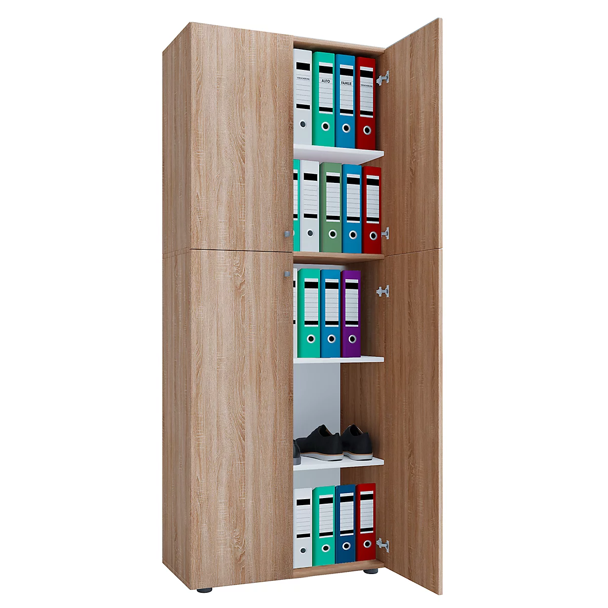 Armoire à double porte, en bois, 5 OH, poignées, étagères réglables en hauteur, L 700 x P 400 x H 1780 mm, chêne Sonoma
